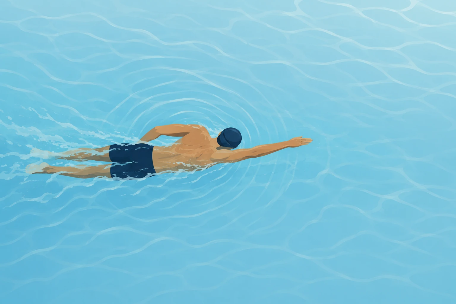 Illustration d'un nageur dans une piscine avec de légers cercles d'ondulation suggérant la transpiration se dissolvant invisiblement dans l'eau environnante
