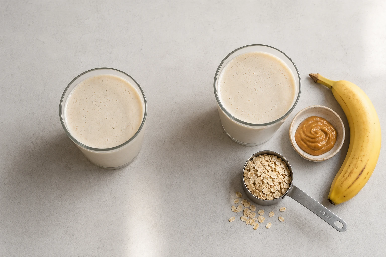 Gegenüberstellung eines einfachen Proteinshakes und desselben Shakes kombiniert mit Mandelmus, Haferflocken und Obst