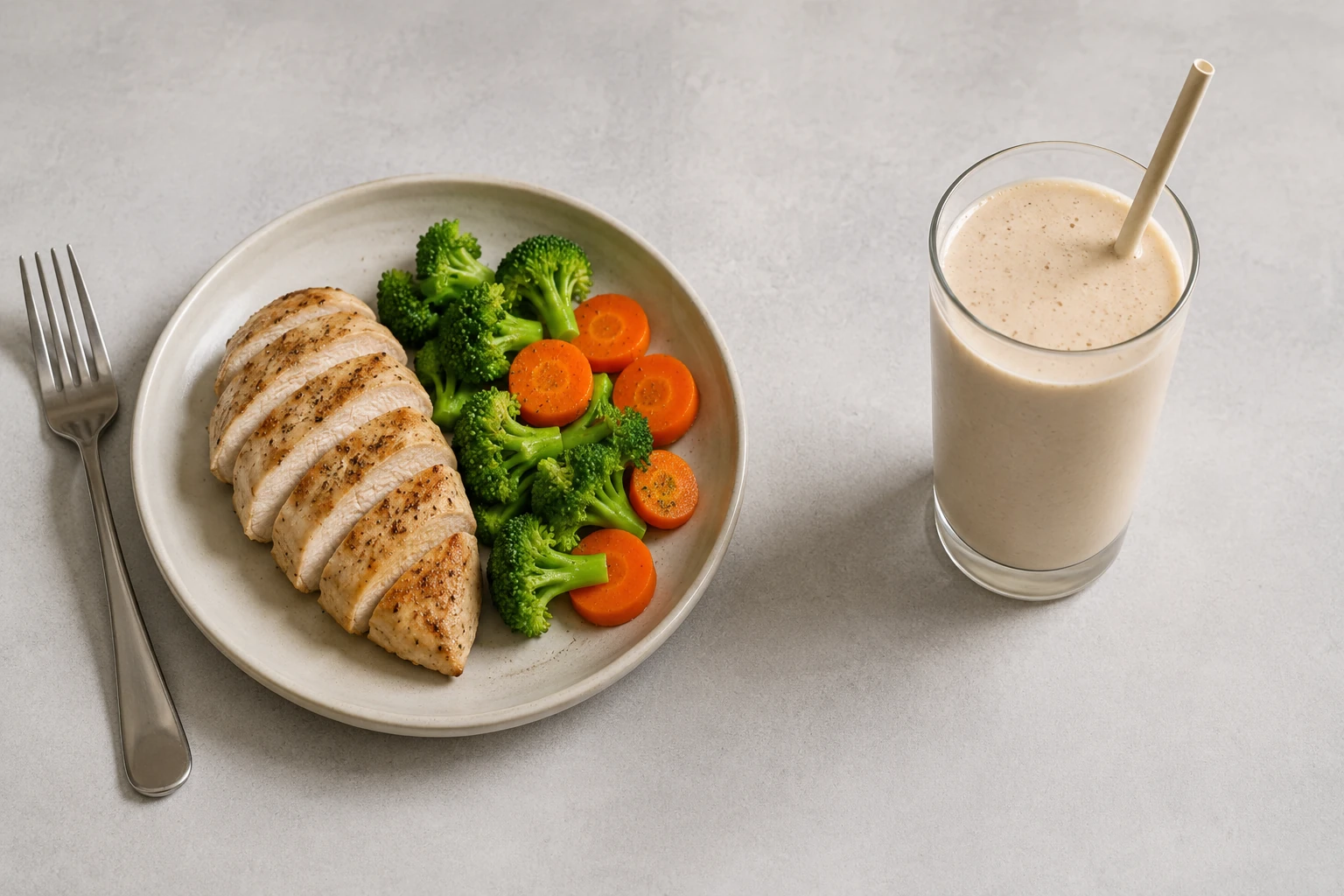 Vergleich einer festen Mahlzeit aus Hähnchen und Gemüse auf einem Teller mit einem Glas Proteinshake