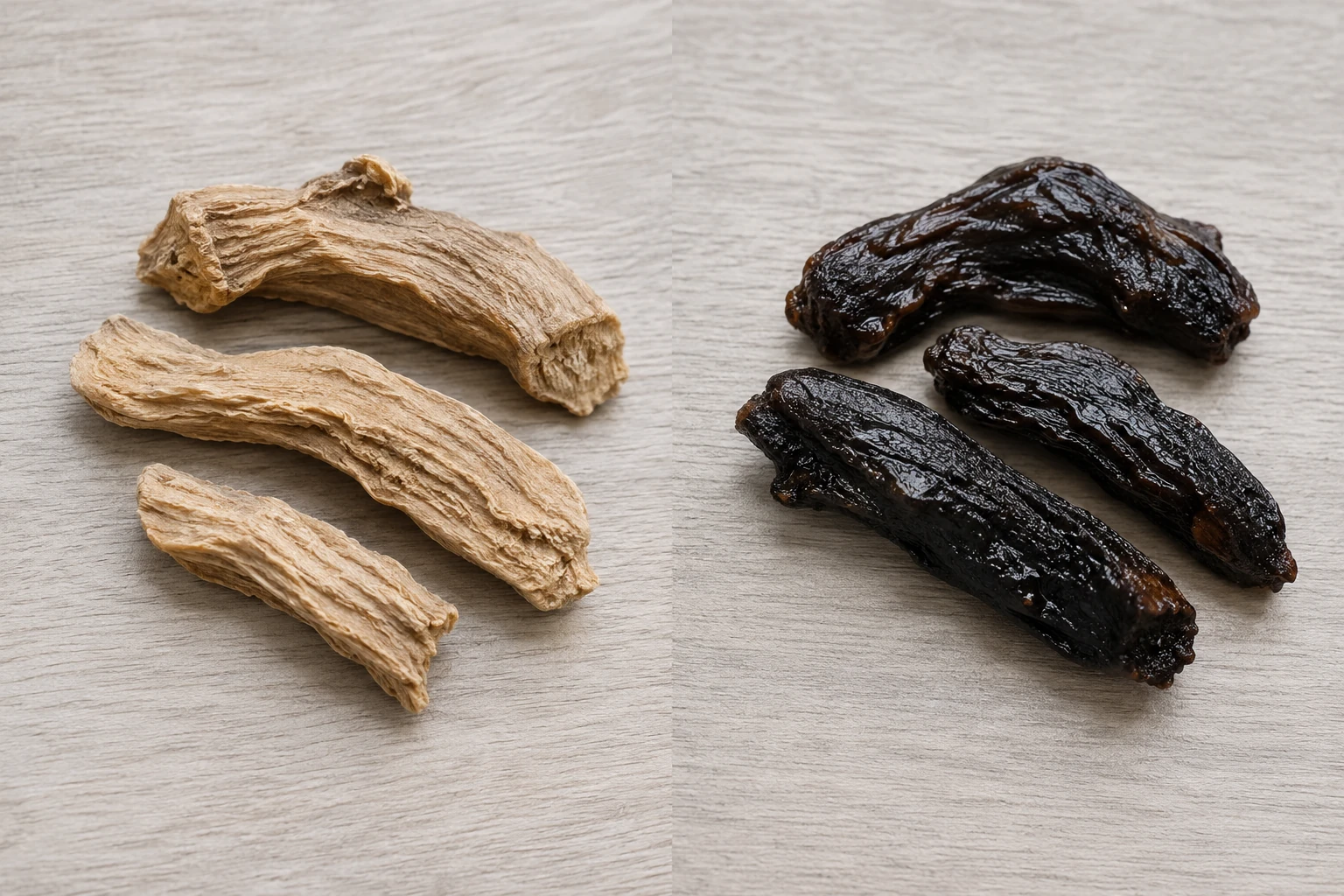 Comparaison cote a cote d'une racine de rehmannia crue, pale et sechee, et de la meme racine cuite a la vapeur jusqu'a devenir sombre, brillante et collante